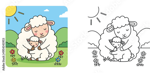 Cute Mother Sheep Hugging Her Lamb Illustration with Coloring Page Version for Kids Activities and Educational Printables