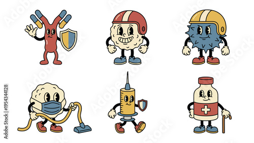 Retro Cartoon Immune System & Health Mascots. Vintage Characters: Antibodies, White Blood Cells, Viruses, Syringe, Vaccine.