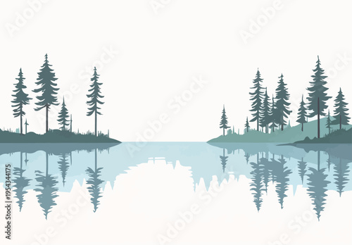 Water reflects trees in a quiet lakeside scene during a bright day in a natural landscape