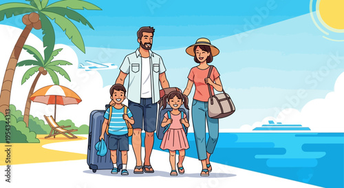 Family Vacation Travel Beach Scene Illustration.