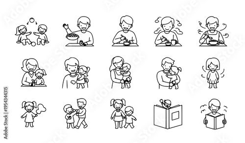 Parent and child interaction line icon set with animated outline style for childcare and parenting concepts