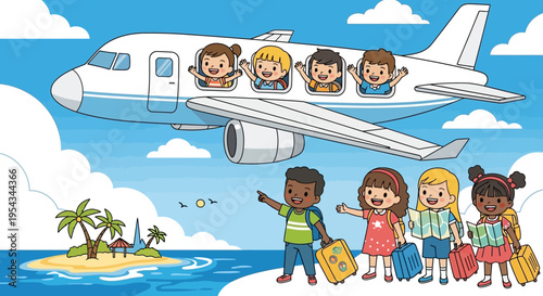 Family with Luggage Standing Near Airplane.