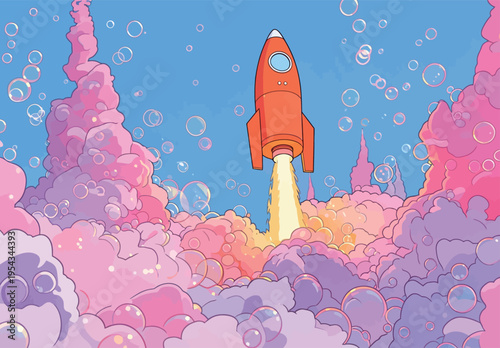 Rocket takes off through colorful clouds and bubbles in a cartoon-style scene during a bright day