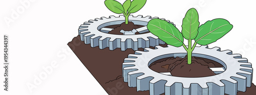 Plants grow in gears showing the connection between nature and technology in farming practices during modern agriculture