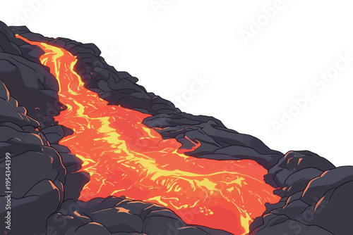 Flowing lava moves down rocky terrain in a volcanic landscape near a mountain during daylight hours