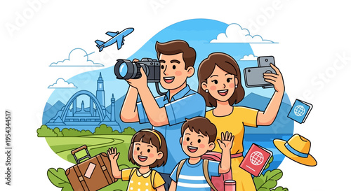 Happy Family Taking Photos on Vacation.