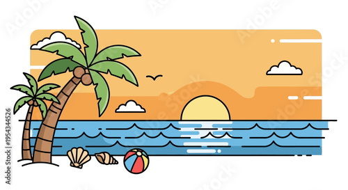 Palm Trees Beach Ball Beach Scene Cartoon.
