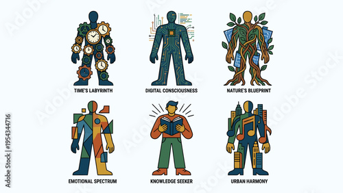 Set of 6 Futuristic Humanoid Characters Representing Abstract Concepts Time Digital Nature Emotion Knowledge and Urban Life