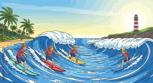 Surfers Riding Ocean Waves with Surfboards.