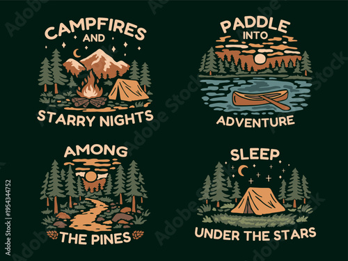 Flat vector set of outdoor landscapes with mountains, forest, lake and camping elements. Clean composition, simple shapes, muted earthy colors. Ideal for prints, posters, apparel
