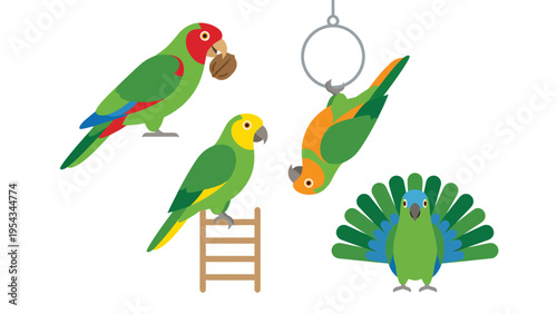 Cartoon Parrots Vector Set: Green Tropical Birds in Playful Poses, Perching, Hanging, and Displaying