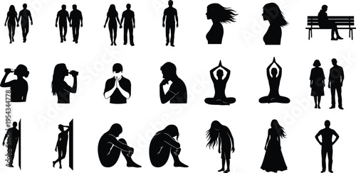 People silhouette collection showing various human activities, emotions and poses including walking, sitting, drinking, thinking, yoga and loneliness concept, black vector isolated illustration