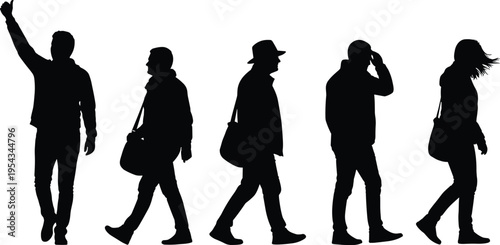 People silhouettes walking in different poses, urban lifestyle characters with bags and casual outfits, city pedestrian concept, human movement vector illustration isolated on white background