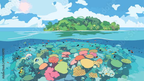 Coral reef and island scene showing colorful marine life and clear blue water near a tropical island during the day