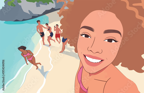 Group of friends enjoying a day at the beach while taking a selfie near the water during summer
