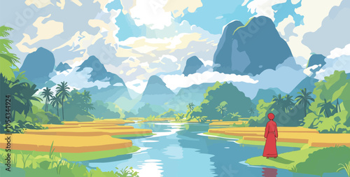 Bright landscape showing mountains, river, and a person in red clothing standing near the water at midday