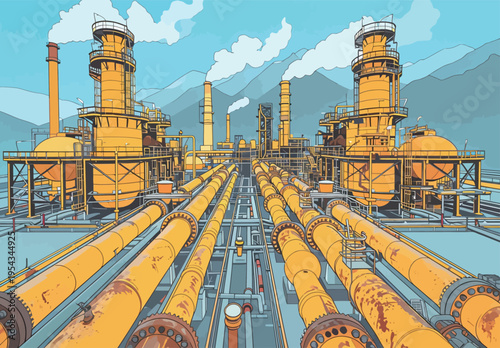 Industrial site with yellow pipes and towers in a mountainous area during clear weather