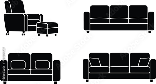 Sofa and armchair silhouettes set, modern furniture collection with couch, recliner and ottoman, living room seating vector illustration isolated on white background