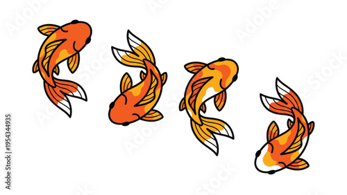 Group of four colorful cartoon goldfish swimming, isolated on white background