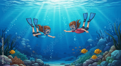Two Women Snorkeling Underwater with Fins.