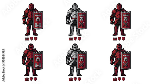 Medieval pixel art knights with shields and armor, fantasy game character sprites and assets