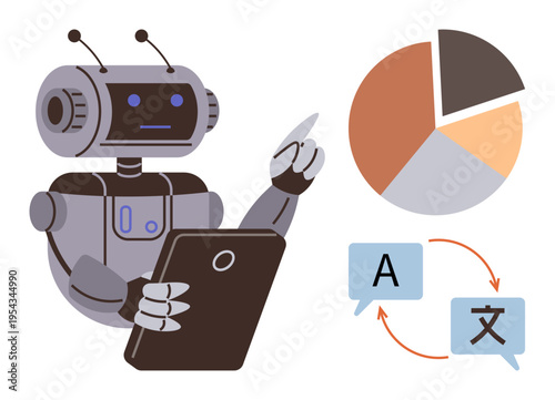 Artificial intelligence, data analysis, translation, robotics, automation, machine learning. Robot pointing at pie chart with tablet. Artificial intelligence and data analysis concept