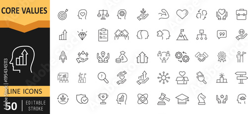 Core Values Outline Icon Set – Innovation, Goals, Integrity, Teamwork and Leadership Line Icons Editable Stroke Vector EPS