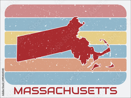 Massachusetts, United States vintage logo. Shape of the state on retro colored stripes background. Massachusetts, United States map design with grunge scratch texture. Vector illustration.