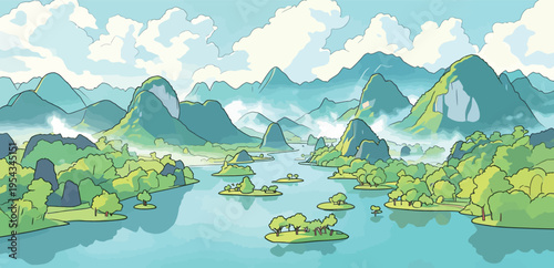 Mountain landscape with river and islands during daytime with clouds in the sky