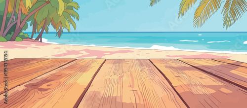 Wooden deck on a beach with palm trees and ocean view during a sunny day