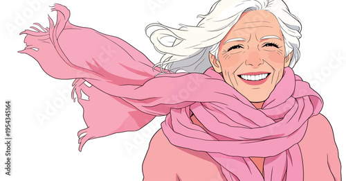 Elderly woman smiles with a pink scarf blowing in the wind during a sunny day in a park