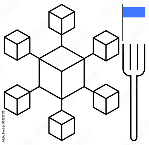 Blockchain technology, cryptocurrency transactions, digital ledger, data distribution, decentralized systems, algorithm changes. Network of blocks with fork symbol. Blockchain technology