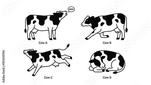 Four black and white cow illustrations showcasing various actions: mooing, running, resting, and rising. Simple farm animal line art.