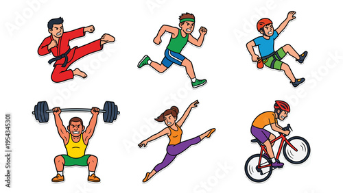 Diverse Sports & Fitness Activities Vector Set: Karate, Running, Climbing, Weightlifting, Gymnastics, Cycling