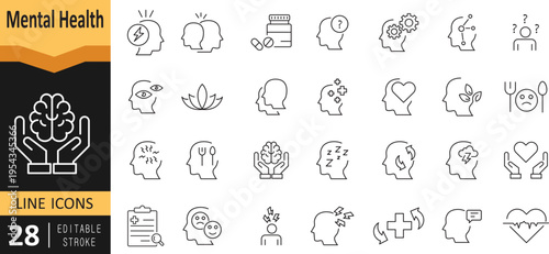 Mental Health Outline Icon Set – Depression, Anxiety, Stress, Therapy and Psychology Line Icons Editable Stroke EPS