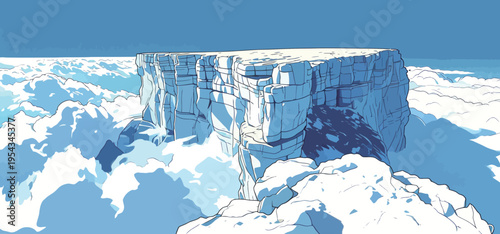 Clouds surround a flat-topped mountain in a clear blue sky during daytime hours