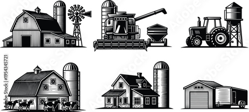 Farm buildings and agricultural machinery set with barn silo windmill tractor and combine harvester, rural countryside elements in vintage engraving style vector illustration collection