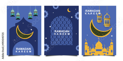 Set of Ramadan Kareem banner, poster, greeting card, cover design with mosque, crescent moon, lanterns