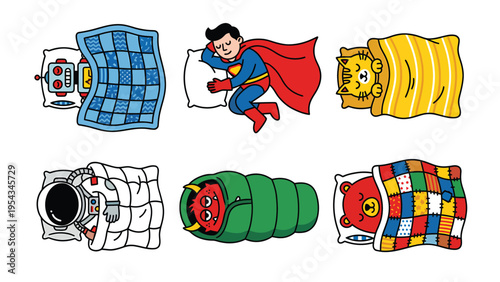Cartoon characters sleeping: robot, hero, tiger, astronaut, devil, bear in beds and sleeping bags. Funny bedtime illustration.