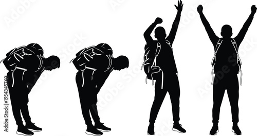 Hiker silhouette with backpack showing fatigue and success poses, travel adventure concept, trekking person gestures, outdoor lifestyle vector illustration isolated on white background