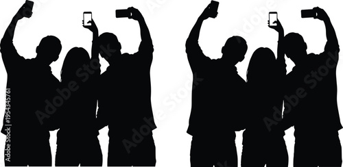 Group of friends taking selfie with smartphones silhouette, social media lifestyle and friendship concept, people posing together isolated black vector illustration collection