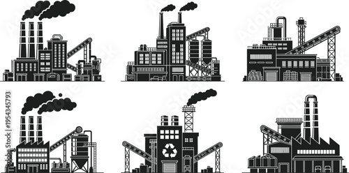 Industrial factory buildings set with smoke stacks conveyor systems recycling plant and warehouses, heavy industry production facilities silhouette vector 