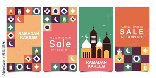 Set of Ramadan Kareem cover, poster, greeting card with mosque, crescent moon, and Islamic decorative elements in geometric flat style