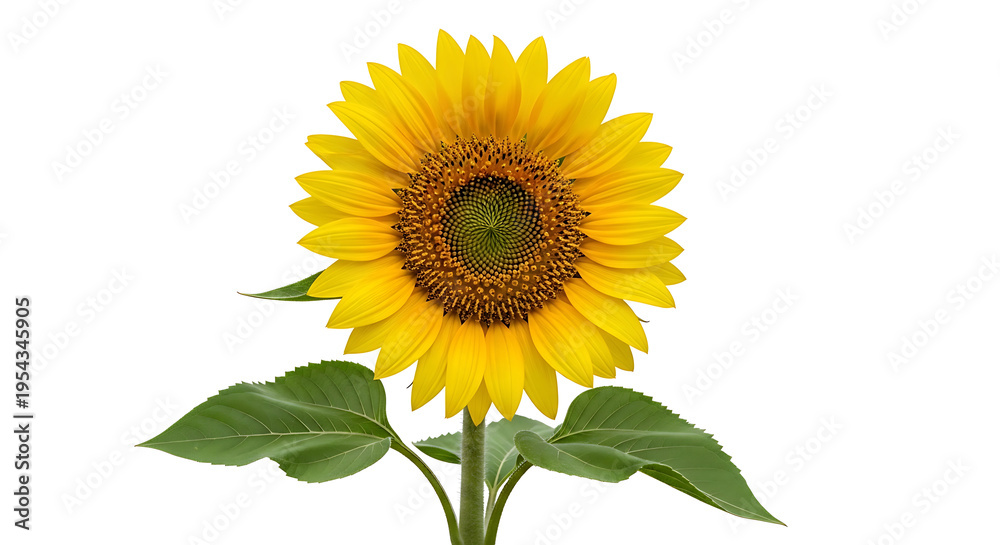Obraz premium Bright yellow sunflower with green leaves and stem, isolated on a white background