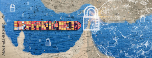 Global trade disruption concept with container ships blocked from entering or exiting the Strait of Hormuz. Maritime blockade and geopolitical tension affecting international supply chain and shipping