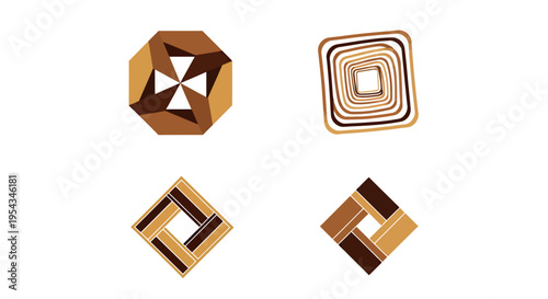 Abstract wooden geometric cube formations arranged as spiraling squares for design inspiration.