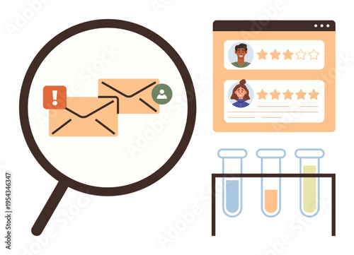 Cybersecurity, online feedback, user engagement, data analysis, communication, research. Magnifying glass with email warnings, star ratings page laboratory test tubes. Cybersecurity and online
