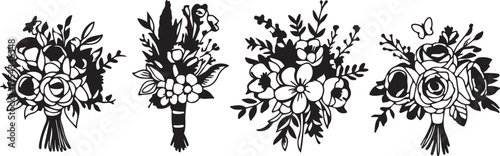 Set of four black and white floral bouquets hand drawn style perfect for wedding invitations greeting cards and scrapbooking projects