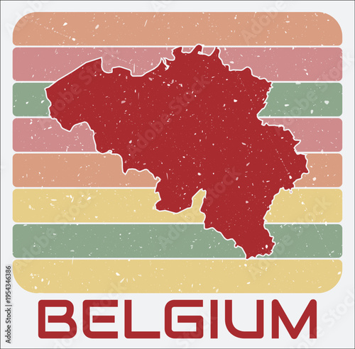 Belgium vintage logo. Shape of the country on retro colored stripes background. Belgium map design with grunge scratch texture. Vector illustration.