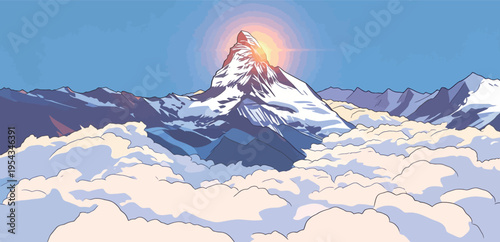 Mountain peak rises above clouds during sunrise in a clear sky